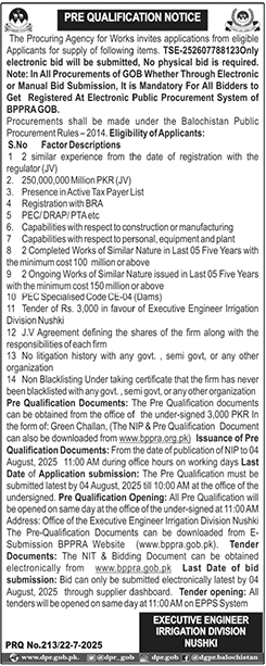 Irrigation Division Nushki Tender Notice